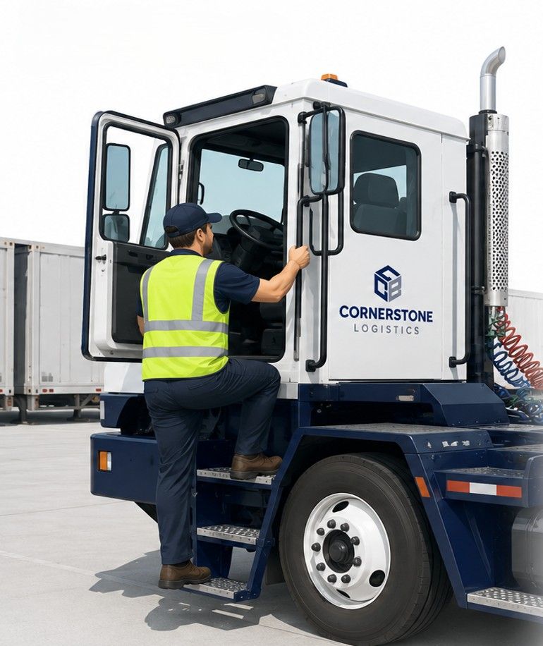 A Cornerstone Logistics spotter in a safety vest climbing into a yard truck with three points of contact